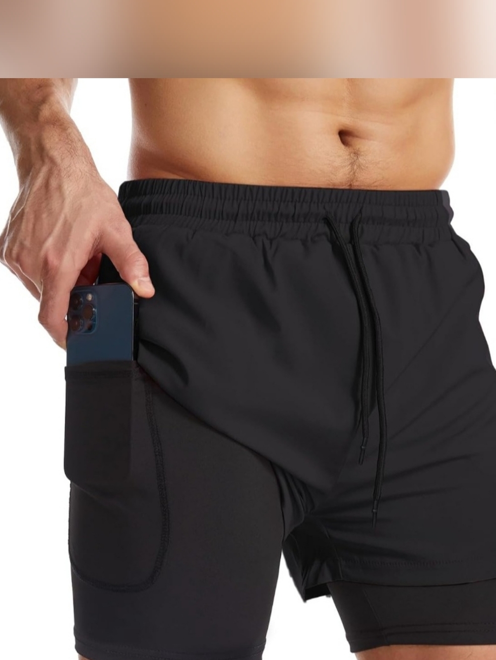 Men's Black 2-in-1 Athletic Shorts with Phone Pocket